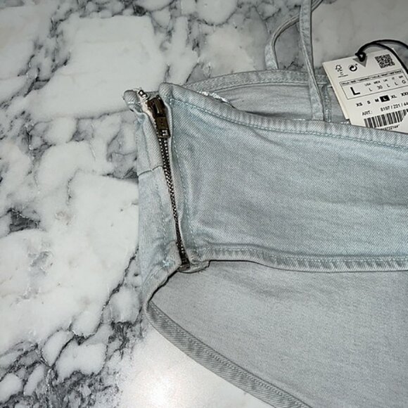 ZARA Womens Light-wash Denim Bandana Cut Zipper Back Crop Top Blouse Sz Large - Picture 7 of 8